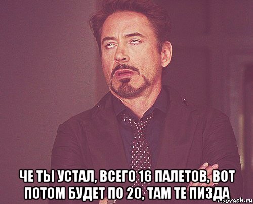  че ты устал, всего 16 палетов, вот потом будет по 20, там те пизда, Мем твое выражение лица