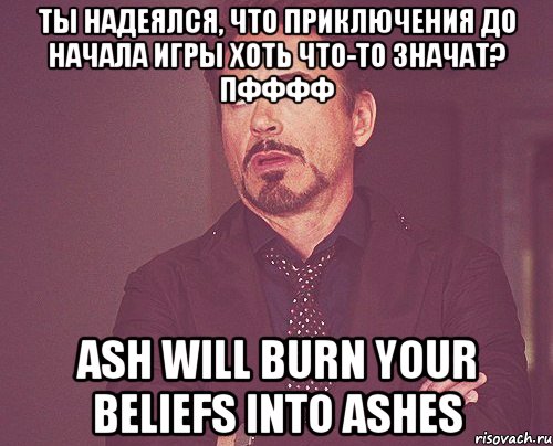 ты надеялся, что приключения до начала игры хоть что-то значат? пфффф ash will burn your beliefs into ashes, Мем твое выражение лица