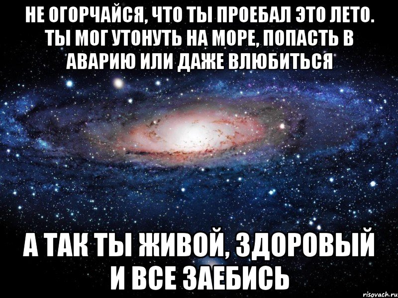 не огорчайся, что ты проебал это лето. ты мог утонуть на море, попасть в аварию или даже влюбиться а так ты живой, здоровый и все заебись, Мем Вселенная