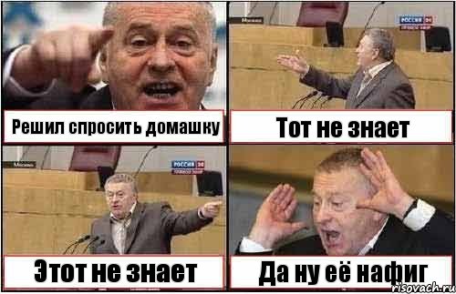 Решил спросить домашку Тот не знает Этот не знает Да ну её нафиг, Комикс жиреновский