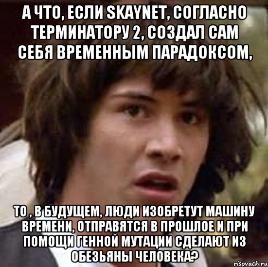 а что, если skaynet, согласно терминатору 2, создал сам себя временным парадоксом, то , в будущем, люди изобретут машину времени, отправятся в прошлое и при помощи генной мутации сделают из обезьяны человека?, Мем А что если (Киану Ривз)