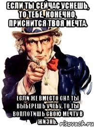 если ты сейчас уснешь, то тебе, конечно, приснится твоя мечта. если же вместо сна ты выберешь учебу, то ты воплотишь свою мечту в жизнь., Мем а ты