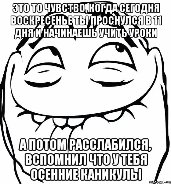 это то чувство, когда сегодня воскресенье ты проснулся в 11 дня и начинаешь учить уроки а потом расслабился, вспомнил что у тебя осенние каникулы