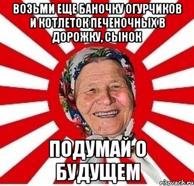 возьми еще баночку огурчиков и котлеток печеночных в дорожку, сынок подумай о будущем, Мем  бабуля