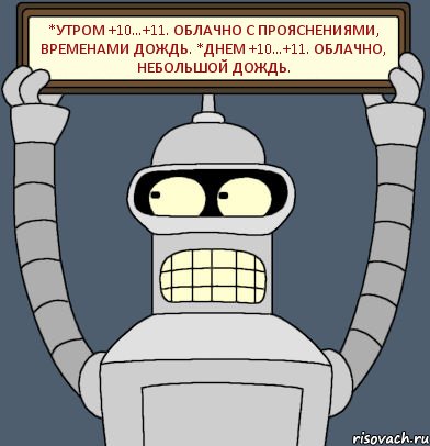 *Утром +10…+11. Облачно с прояснениями, временами дождь. *Днем +10…+11. Облачно, небольшой дождь., Комикс Бендер с плакатом