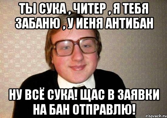 ты сука , читер , я тебя забаню , у иеня антибан ну всё сука! щас в заявки на бан отправлю!, Мем Ботан