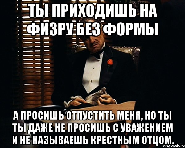 ты приходишь на физру без формы а просишь отпустить меня, но ты ты даже не просишь с уважением и не называешь крестным отцом., Мем Дон Вито Корлеоне