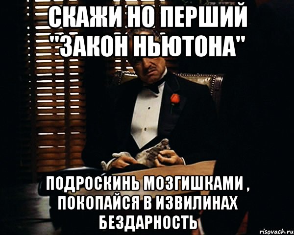 скажи но перший "закон ньютона" подроскинь мозгишками , покопайся в извилинах бездарность, Мем Дон Вито Корлеоне