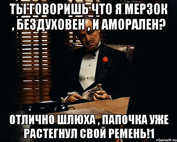 ты говоришь что я мерзок , бездуховен , и аморален? отлично шлюха , папочка уже растегнул свой ремень!1