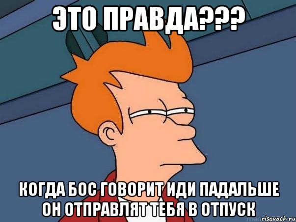 это правда??? когда бос говорит иди падальше он отправлят тебя в отпуск, Мем  Фрай (мне кажется или)