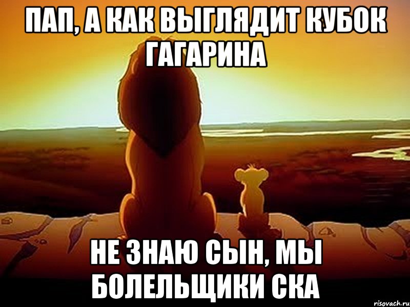 пап, а как выглядит кубок гагарина не знаю сын, мы болельщики ска, Мем  король лев