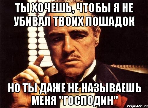 ты хочешь, чтобы я не убивал твоих лошадок но ты даже не называешь меня "господин", Мем крестный отец