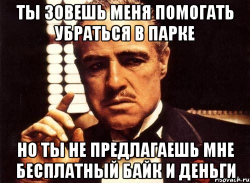 ты зовешь меня помогать убраться в парке но ты не предлагаешь мне бесплатный байк и деньги, Мем крестный отец