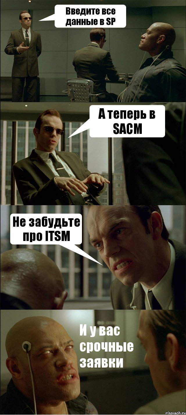 Введите все данные в SP А теперь в SACM Не забудьте про ITSM И у вас срочные заявки, Комикс Матрица