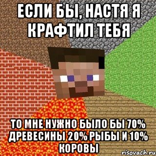 если бы, настя я крафтил тебя то мне нужно было бы 70% древесины 20% рыбы и 10% коровы, Мем Миникрафтер