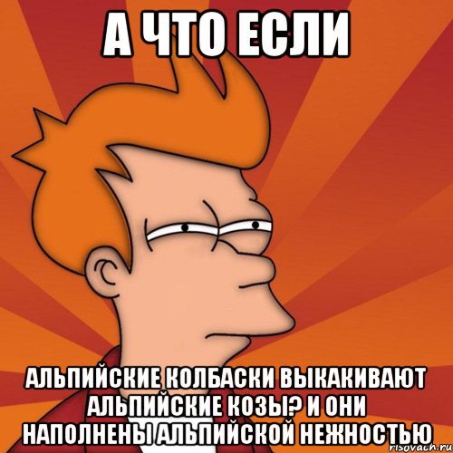 а что если альпийские колбаски выкакивают альпийские козы? и они наполнены альпийской нежностью, Мем Мне кажется или (Фрай Футурама)