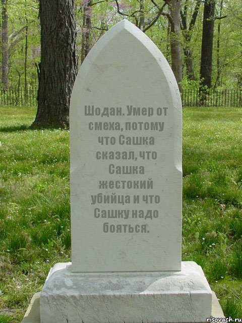 Шодан. Умер от смеха, потому что Сашка сказал, что Сашка жестокий убийца и что Сашку надо бояться., Комикс  Надгробие