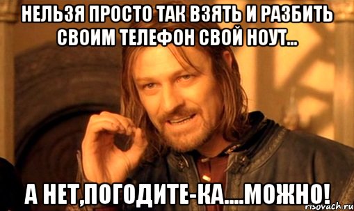 нельзя просто так взять и разбить своим телефон свой ноут... а нет,погодите-ка....можно!, Мем Нельзя просто так взять и (Боромир мем)