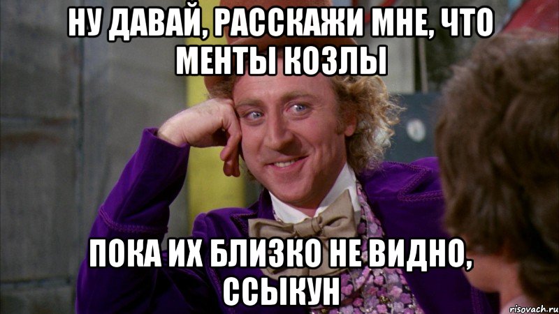 ну давай, расскажи мне, что менты козлы пока их близко не видно, ссыкун, Мем Ну давай расскажи (Вилли Вонка)