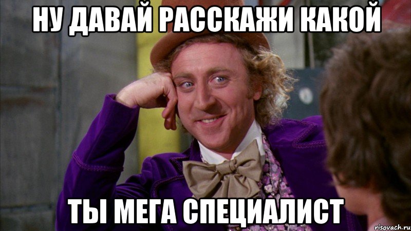 ну давай расскажи какой ты мега специалист, Мем Ну давай расскажи (Вилли Вонка)