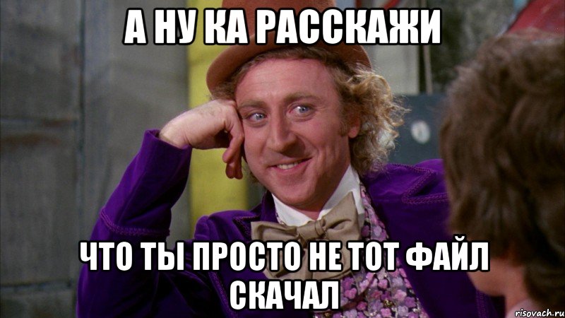 а ну ка расскажи что ты просто не тот файл скачал, Мем Ну давай расскажи (Вилли Вонка)