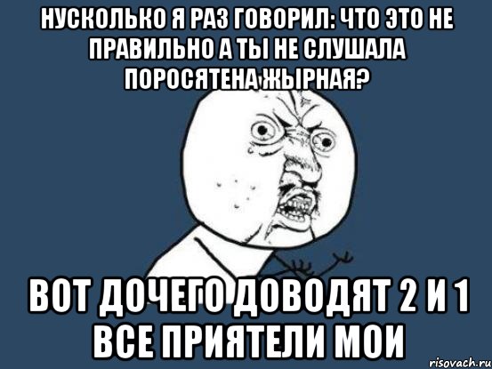 нусколько я раз говорил: что это не правильно а ты не слушала поросятена жырная? вот дочего доводят 2 и 1 все приятели мои, Мем Ну почему