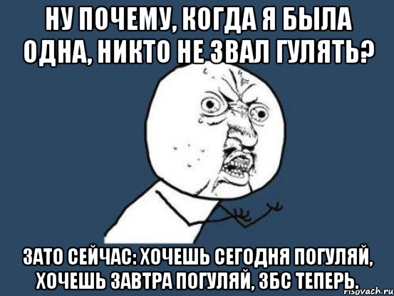 ну почему, когда я была одна, никто не звал гулять? зато сейчас: хочешь сегодня погуляй, хочешь завтра погуляй, збс теперь., Мем Ну почему