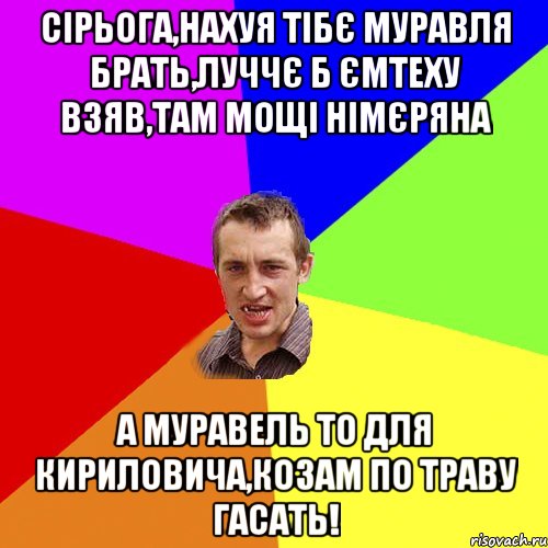 сірьога,нахуя тібє муравля брать,луччє б ємтеху взяв,там мощі німєряна а муравель то для кириловича,козам по траву гасать!, Мем Чоткий паца