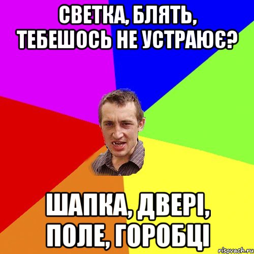 светка, блять, тебешось не устраює? шапка, двері, поле, горобці, Мем Чоткий паца