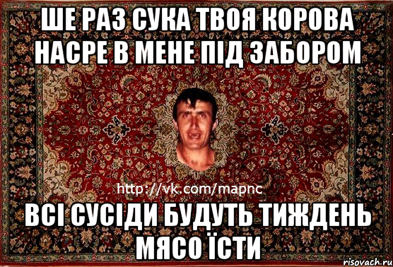 ше раз сука твоя корова насре в мене під забором всі сусіди будуть тиждень мясо їсти