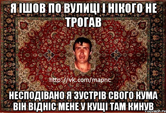 я ішов по вулиці і нікого не трогав несподівано я зустрів свого кума він відніс мене у кущі там кинув, Мем Парнь на сел