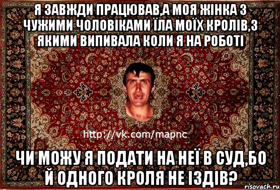 я завжди працював,а моя жінка з чужими чоловіками їла моїх кролів,з якими випивала коли я на роботі чи можу я подати на неї в суд,бо й одного кроля не іздів?, Мем Парнь на сел