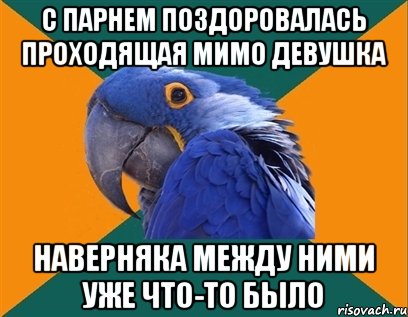 с парнем поздоровалась проходящая мимо девушка наверняка между ними уже что-то было, Мем Попугай параноик