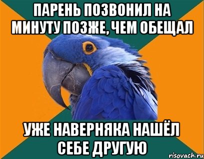 парень позвонил на минуту позже, чем обещал уже наверняка нашёл себе другую, Мем Попугай параноик