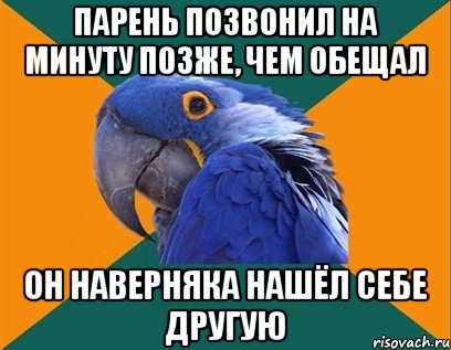 парень позвонил на минуту позже, чем обещал он наверняка нашёл себе другую, Мем Попугай параноик