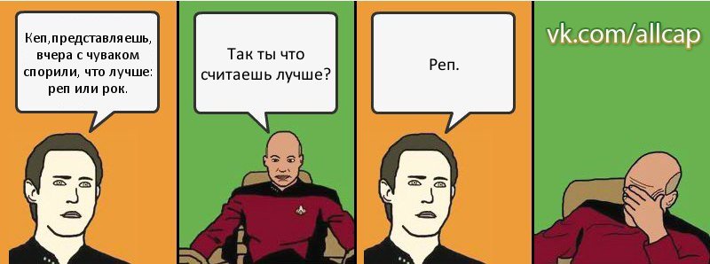 Кеп,представляешь, вчера с чуваком спорили, что лучше: реп или рок. Так ты что считаешь лучше? Реп., Комикс с Кепом