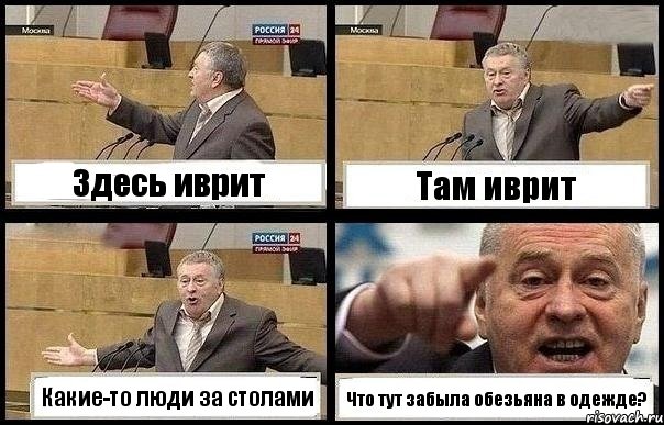 Здесь иврит Там иврит Какие-то люди за столами Что тут забыла обезьяна в одежде?, Комикс с Жириновским