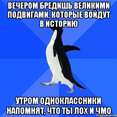 вечером бредишь великими подвигами, которые войдут в историю утром одноклассники напомнят, что ты лох и чмо, Мем  Социально-неуклюжий пингвин