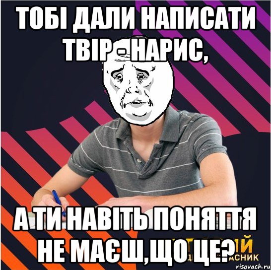 тобі дали написати твір - нарис, а ти навіть поняття не маєш,що це?, Мем Типовий одинадцятикласник