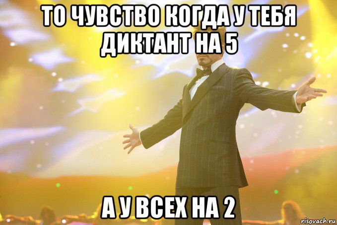 то чувство когда у тебя диктант на 5 а у всех на 2, Мем Тони Старк (Роберт Дауни младший)