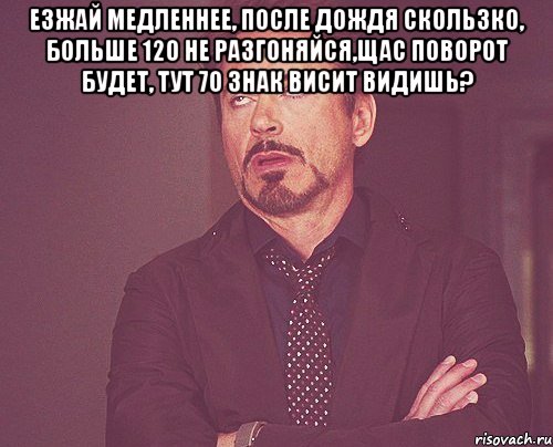 езжай медленнее, после дождя скользко, больше 120 не разгоняйся,щас поворот будет, тут 70 знак висит видишь? , Мем твое выражение лица