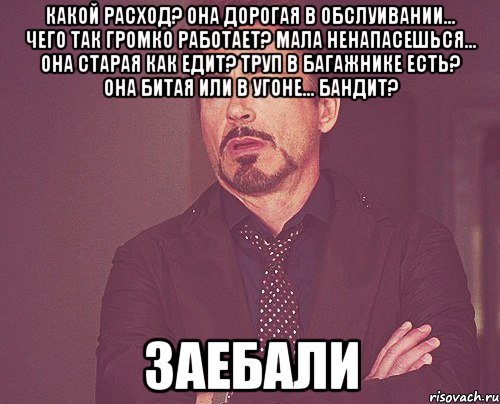 какой расход? она дорогая в обслуивании... чего так громко работает? мала ненапасешься... она старая как едит? труп в багажнике есть? она битая или в угоне... бандит? заебали, Мем твое выражение лица