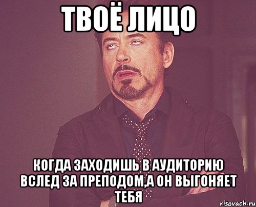 твоё лицо когда заходишь в аудиторию вслед за преподом,а он выгоняет тебя, Мем твое выражение лица