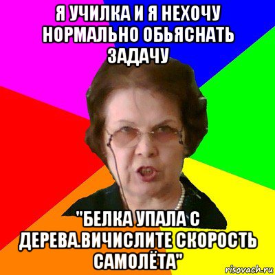 я училка и я нехочу нормально обьяснать задачу "белка упала с дерева.вичислите скорость самолёта", Мем Типичная училка