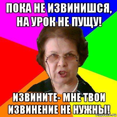 пока не извинишся, на урок не пущу! извините- мне твои извинение не нужны!, Мем Типичная училка