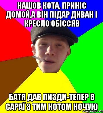 нашов кота, приніс домой,а він підар диван і кресло обіссяв батя дав пизди-тепер в сараї з тим котом ночую, Мем умный гопник