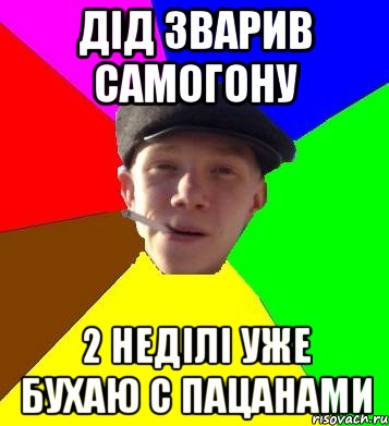 дід зварив самогону 2 неділі уже бухаю с пацанами, Мем умный гопник