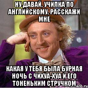 ну давай, училка по английскому, расскажи мне какая у тебя была бурная ночь с чихуа-хуа и его тоненьким стручком, Мем Ну давай расскажи (Вилли Вонка)