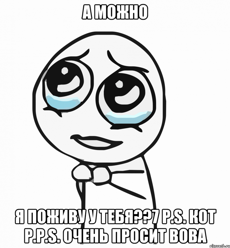 а можно я поживу у тебя??7 p.s. кот p.p.s. очень просит вова, Мем  ну пожалуйста (please)