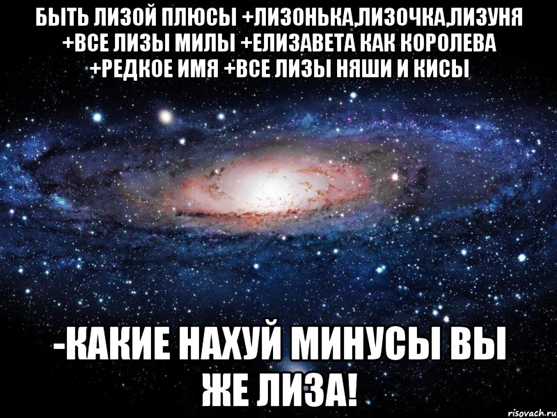 быть лизой плюсы +лизонька,лизочка,лизуня +все лизы милы +елизавета как королева +редкое имя +все лизы няши и кисы -какие нахуй минусы вы же лиза!, Мем Вселенная